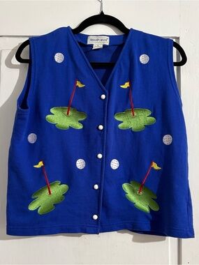 Vintage 90's Belle Pointe Royal Blue V-Neck Sweater Vest with Golf Patchwork